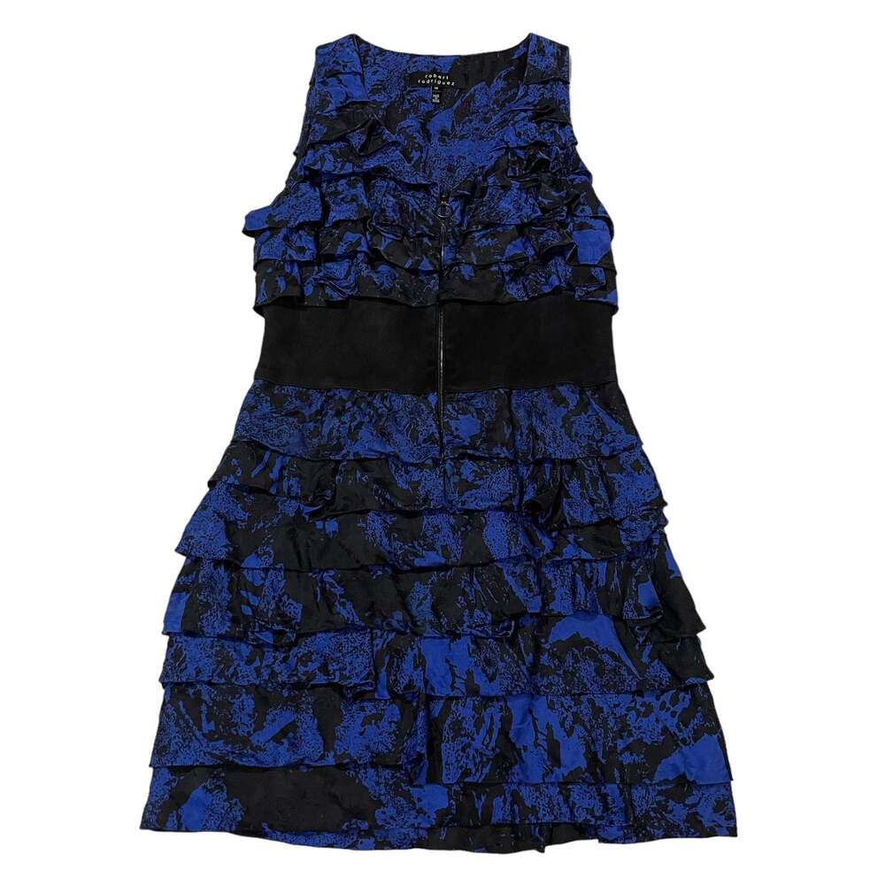 Robert Rodriguez Silk Tiered Sleeveless Dress - Blue/Black - 10